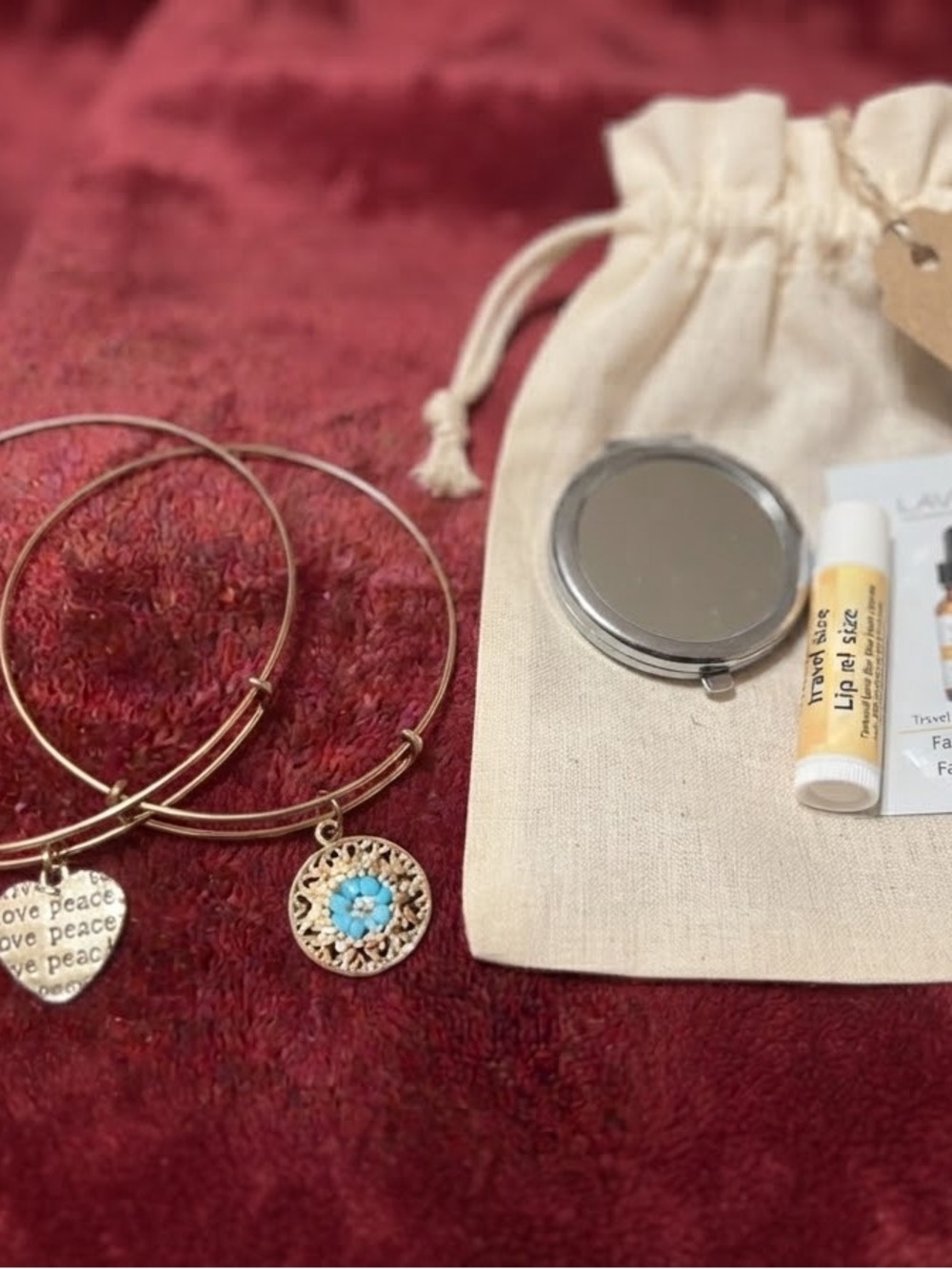 Heart Charm Bangle Bracelet with Turquoise Flower Charm Bangle & Beauty Gift Bag